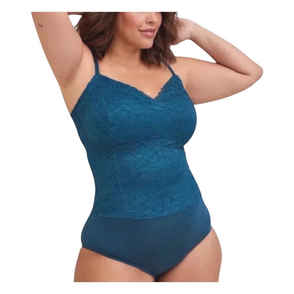Torrid Teal Blue Floral Lace V-Neck Bodysuit Plus Size 1 1X